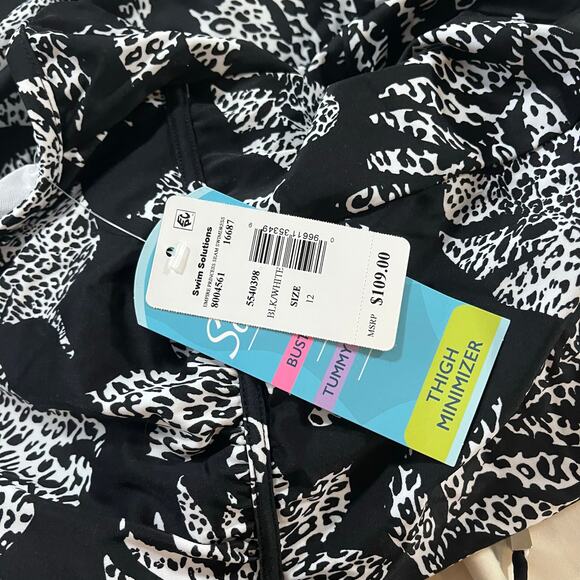 NWT Swim Solutions Black White Palm Print Swim Dress Wmns 12 Resortwear Beach - Picture 9 of 9